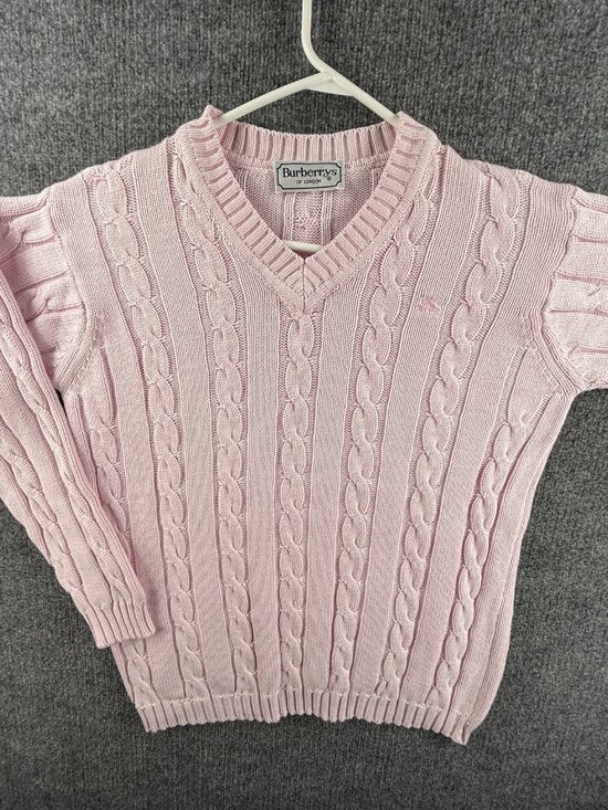 Burberry Sweaters - Burberry Cable Knit Pink Medium V-Neck Logo Pullover Sweater Long Sleeve Knit
